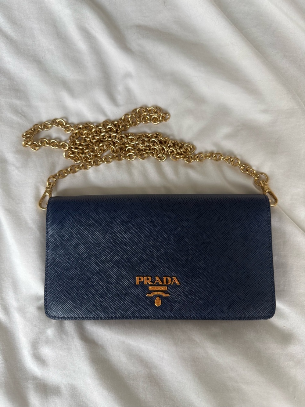 PRADA Women’s Blue Chain Wallet w/ Gold Logo & Chain